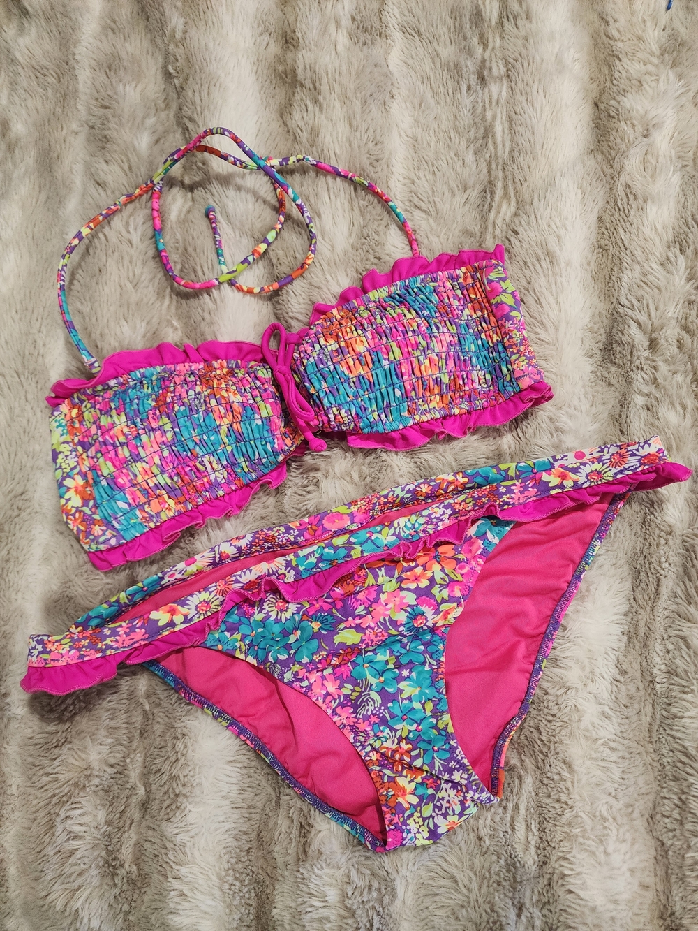 Victoria's Secret Multicolor Floral Ruffle Bandeau Bikini with Pink Trim - Picture 2 of 4